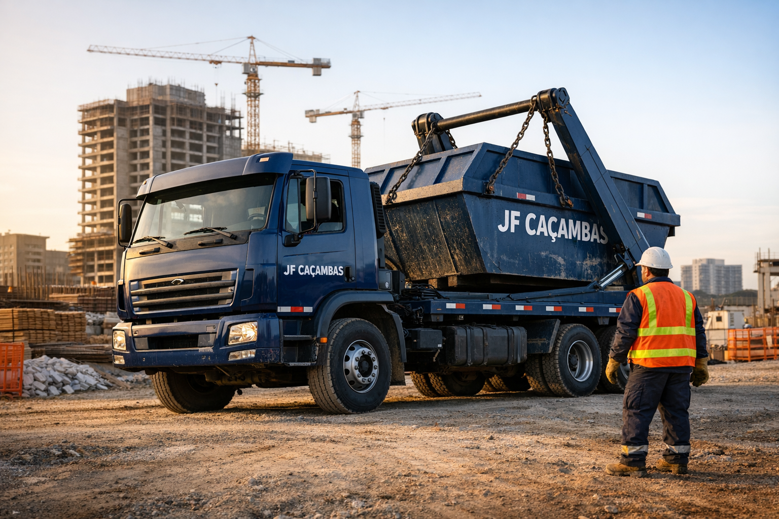 Caminhão JF Caçambas em obra - Locação de Caçambas com Atendimento Rápido